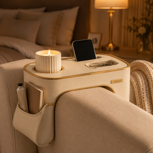 Gavreno Sofa Armrest Organizer Tray with Cup Holder, Phone Slot & Side Pocket
