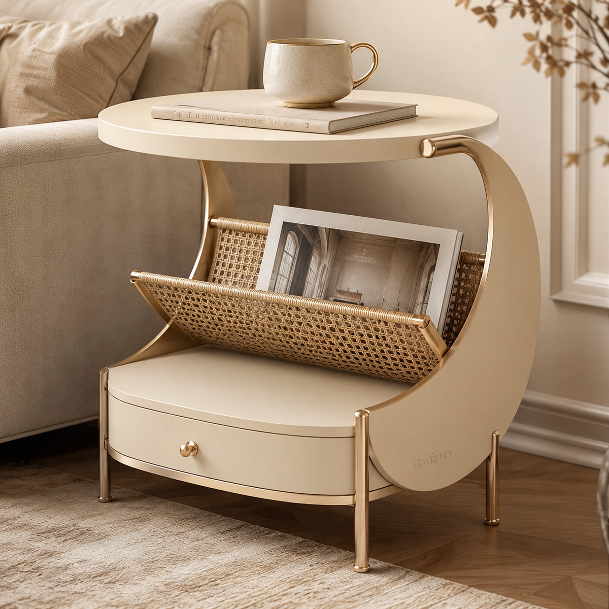 Gavreno Curved Side Table with Woven Magazine Rack & Storage Drawer