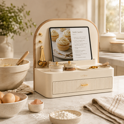 Gavreno Countertop Recipe Station Organizer with Tablet Holder, Measuring Spoon Hooks & Storage Drawer